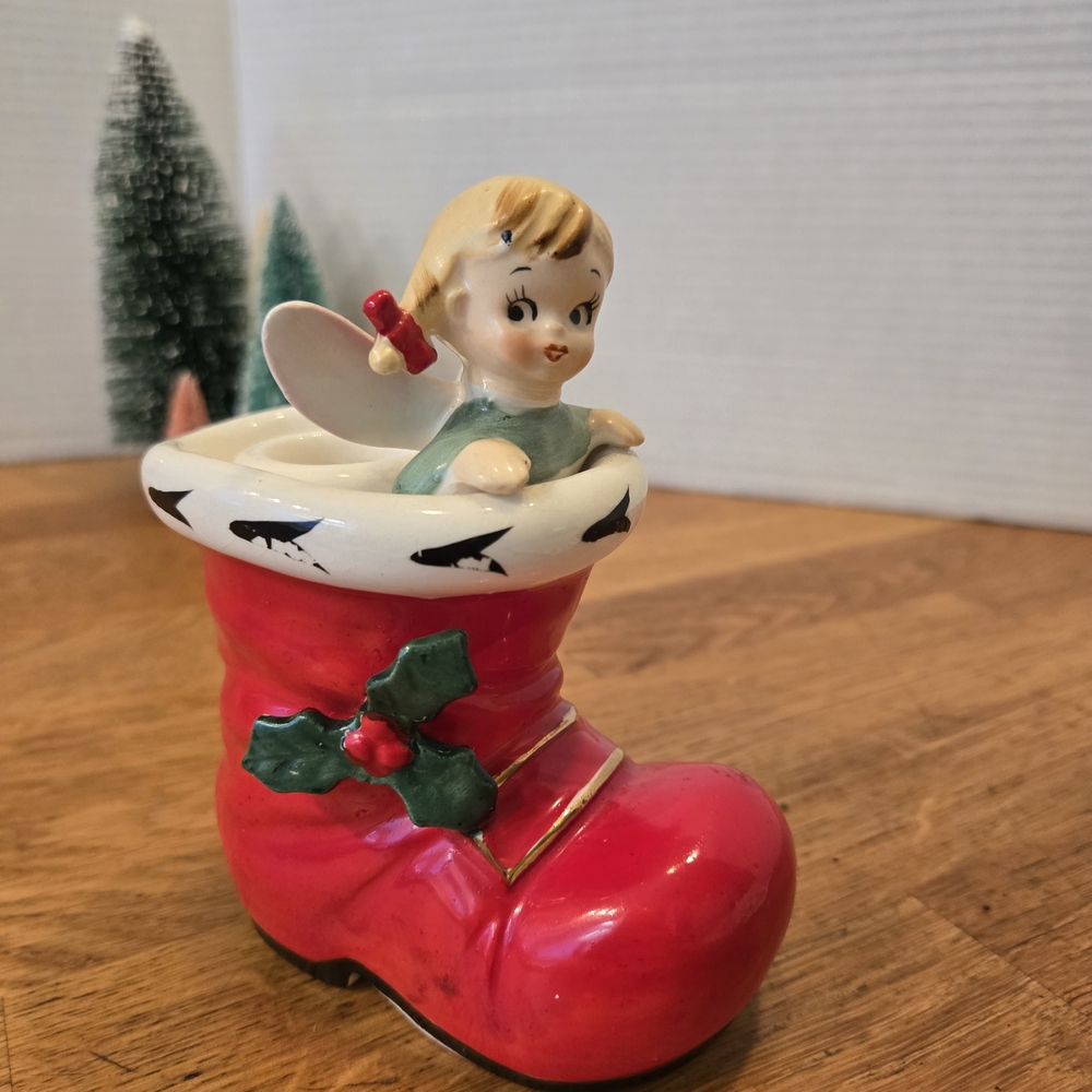 Rare Vintage Lefton Angel in Santa Boot Candleholder 1906 Japan Christmas Figure - Picture 3 of 7